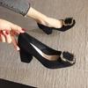 Black high heels women's thick heel new versatile professional square head rhinestone square buckle women's shoes spring and autumn single shoes women