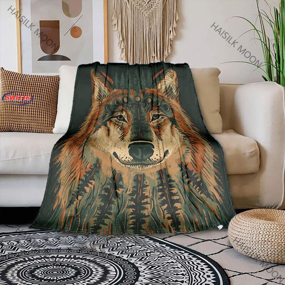 6 Sizes Mysterious Black Wolf Wolf Totem Print Flannel Blanket for Son Husband Dad,Super Soft Fluffy Bedroom Sofa Office Blanket