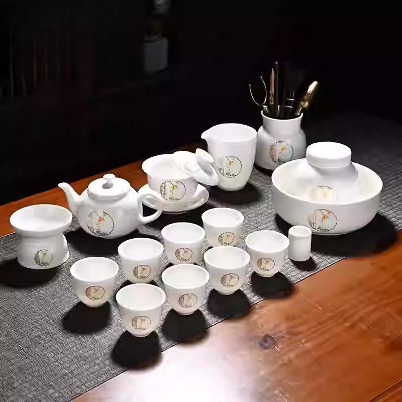 Goat Jade Tea Set Kung Fu Set Chinese Light Luxury Tea Calendars Teacups Office White Porcelain Teapot Covered Bowl Set