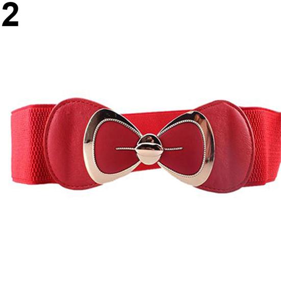 Women Bowknot Buckle Metallic Faux Leather Waistband Elastic Croset Waist Belt