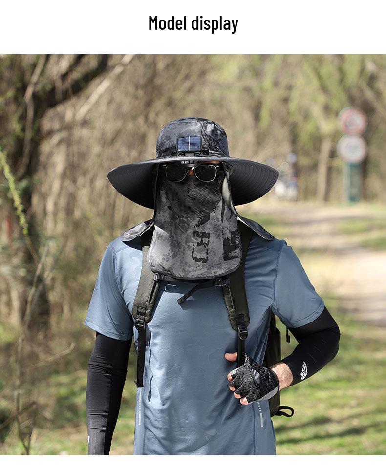 Men's Solar Rechargeable Sun Hat with Dual Fans and Face/Neck Protection for Summer Outdoor Hiking