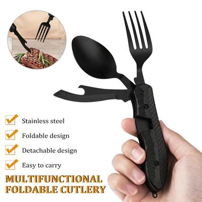 Εξωτερικά σκεύη κάμπινγκ Φορητό από ανοξείδωτο ατσάλι Κουτάλι πιρούνι μαχαίρι ανοιχτήρι μπουκαλιών Combo Σετ 4 σε 1 Πτυσσόμενα μαχαιροπίρουνα.
