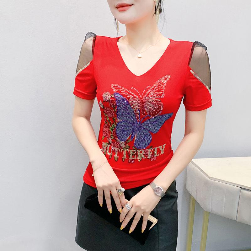 New European Brand Women's Clothes T-shirt Sexy V-Neck Luxury Butterfly Hot Diamonds Girls Tops Fashion Summer Short Sleeve Tees