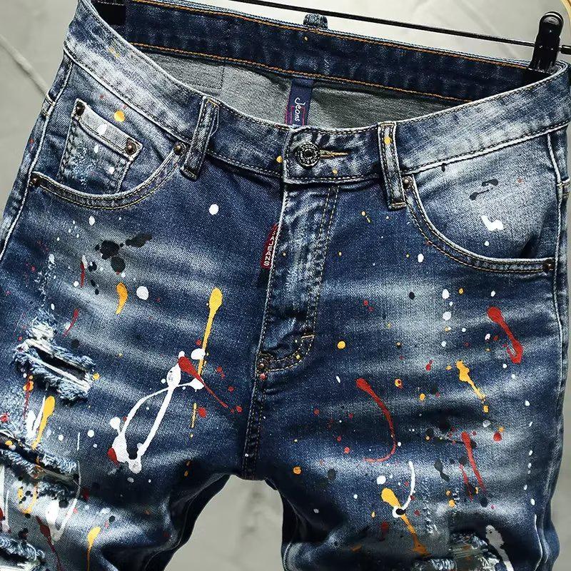 Men's Trendy Slim Fit Ink-Splash Denim Shorts - Skinny, Summer Mid-Length Korean Style