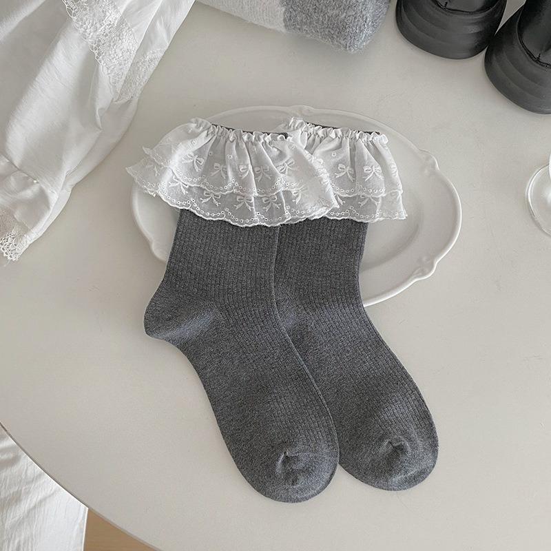 Șosete cu dantelă, Șosete de damă până la mijlocul gambei, Combinație dulce pentru primăvară și toamnă, Pantofi mici din piele, Șosete cu buclă
