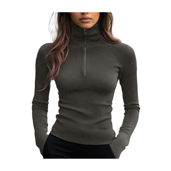 Bottom Tops Zipper Half Placket High Collar Long Sleeve Knitted Tops Solid Color Slim Fit Elastic Base Tops