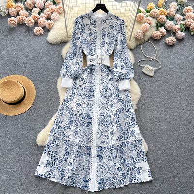 French Retro Palace Long Sleeve Stand Collar Single-breasted Crocheted Openwork Lace Maxi Dress Women New Party Evening Dresses