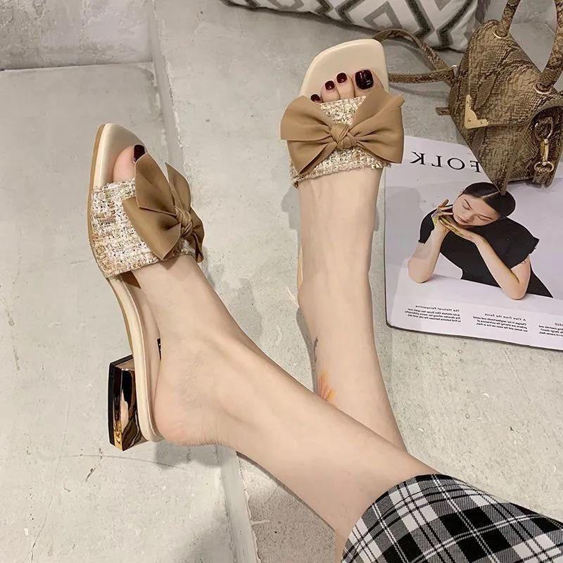 Fairy style slippers female summer 2025 new bow outer wear fashion thick heel versatile one-word drag ins tide