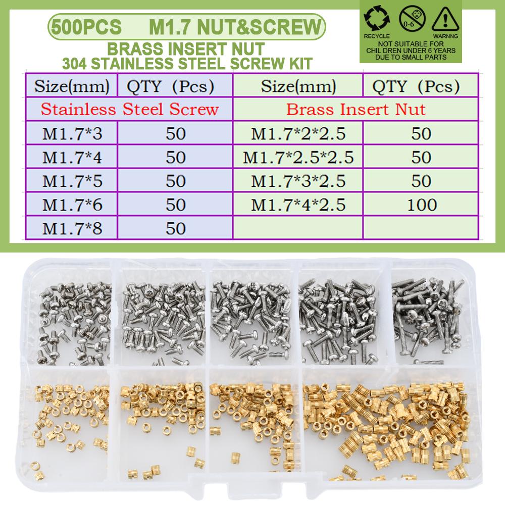 M1 M1.4 M1.6 M1.7 Brass Hot Melt Knurled Insert Nuts and Screw set Threaded Embedded Copper Nut Bolt kit for 3D Printer 500 pcs
