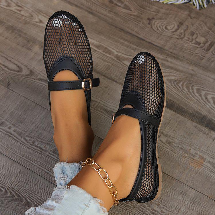 Women's Summer Hollow Mesh Mary Jane Flat Sandals with Round Toe and Buckle Strap