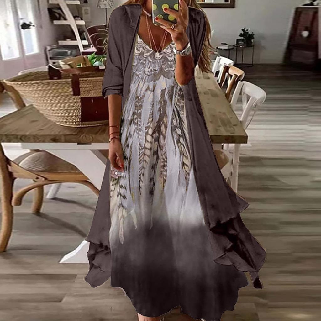 Women's Summer Casual Fashion Chiffon Coat V Neck Printed Camisole Two-Piece Dress