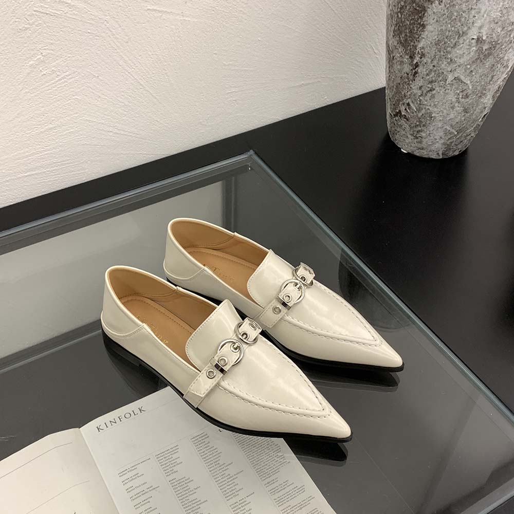 Fashion Fashion Women Loafers Pointed Toe Black White Brown Metal Rivet Chain Flat Low Heeled Slip On Daily Dress Shoes Woman Size 35-39