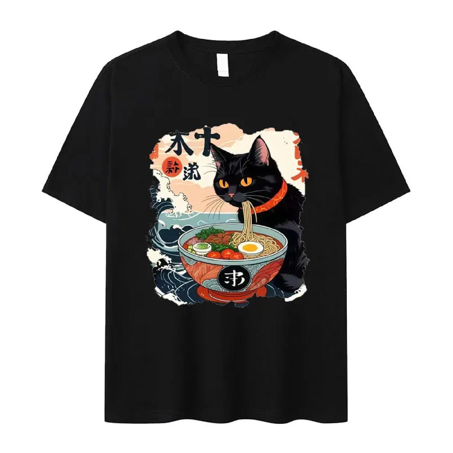 Funny Cat Meme Anime Tshirt Ramen Japanese Graphics Harajuku Clothes Kawaii Noodle Cat T Shirts Mens Casual Short Sleeve T-shirt XXXXXL чёрный