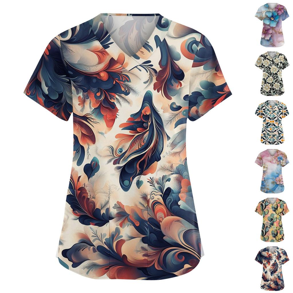 Women's Fashion V-Neck Short Sleeve Overalls With Pockets Print Tops Clothes