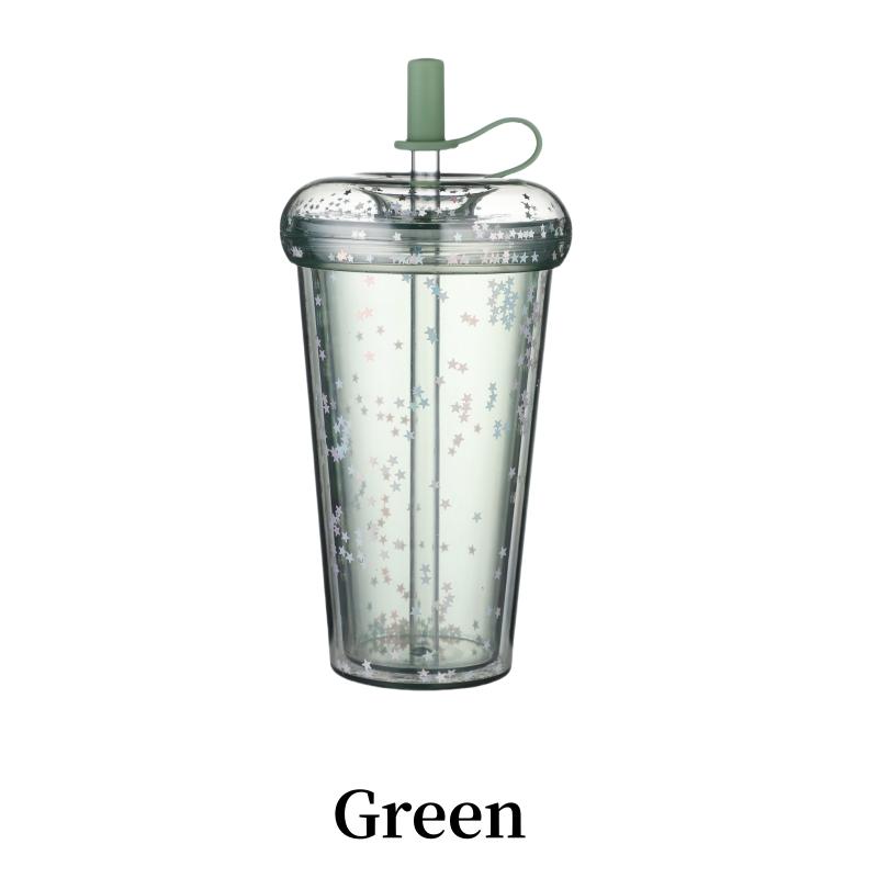 14.8oz Star Clear Tumbler With Straw Reusable Transparent Double-layer Water Bottle For Coffee Milk DIY Smoothie Cup Drink green