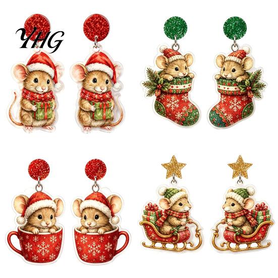 Christmas Mouse Earrings 1 Pair Cute Acrylic Earrings, 2D Flat Cartoon Animal Dangle Holiday Party Accessories Drop for Women, Glitter Star