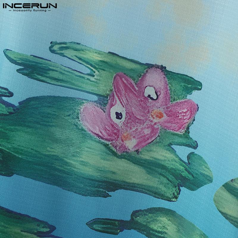 INCERUN Oversized Men Lapel Neck Short Sleeve Stitching Printing Casual Loose Shirts