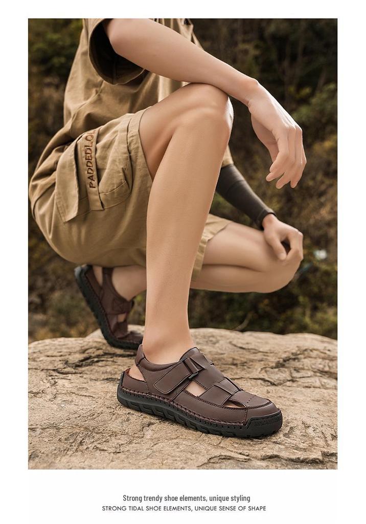 Men's Hand-Stitched Cowhide Leather Sandals with Soft Sole, Large Size Beach Shoes