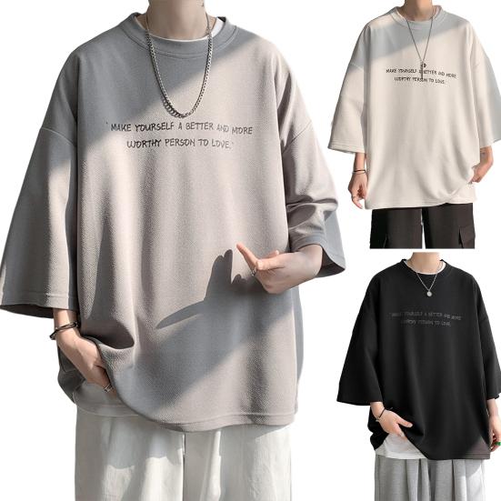 O-Neck 3/4 Sleeve Men T-shirt Ice Silk Thin Moisture Wicking Oversized Letter Print Tee Shirt Daily Clothing