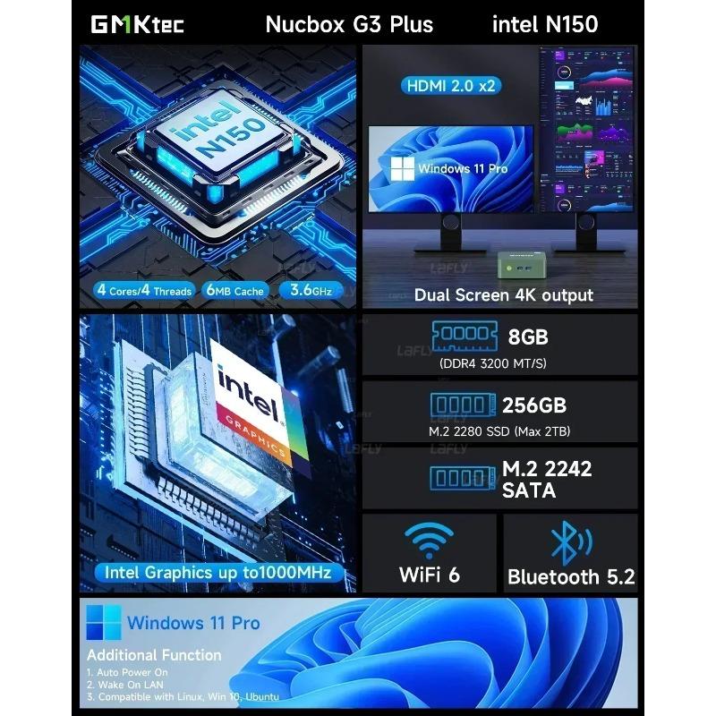 GMKTec G3 plus N150 Mini PC Barebone Windows 11 pro 8 GB DDR4 256 GB NVMe SSD WiFi 6 BT 5.2 Dual-Display Computer für Büro