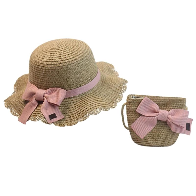 Strohhut & Schultertaschen-Set für Kinder Mädchen Breitkrempiger Sonnenhut Atmungsaktiver Strohhut Outdoor Strand Kopfbedeckung Schleifentasche