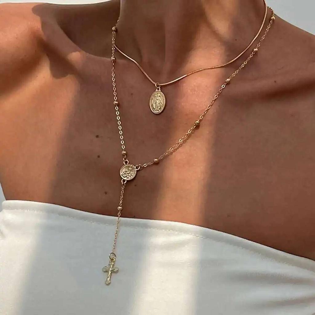 Salircon Hip Hop 2Pcs/Set Unique Cross Pendant Necklace for Women Fashion Metal Collarbone Chain Y2K Party Jewelry Gift New