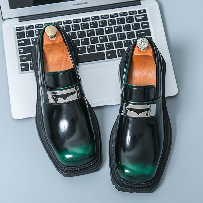 Fashion Spring New Green Thick Soled Loafers Metal Buckle Waterproof Platform Square Toe Business Casual Shoes Adult Men's Wedding Shoes