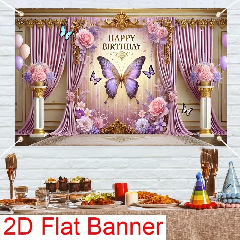 2D Elegant Purple Butterfly Birthday Backdrop Banner Floral Curtain Happy Birthday Party Decor Background