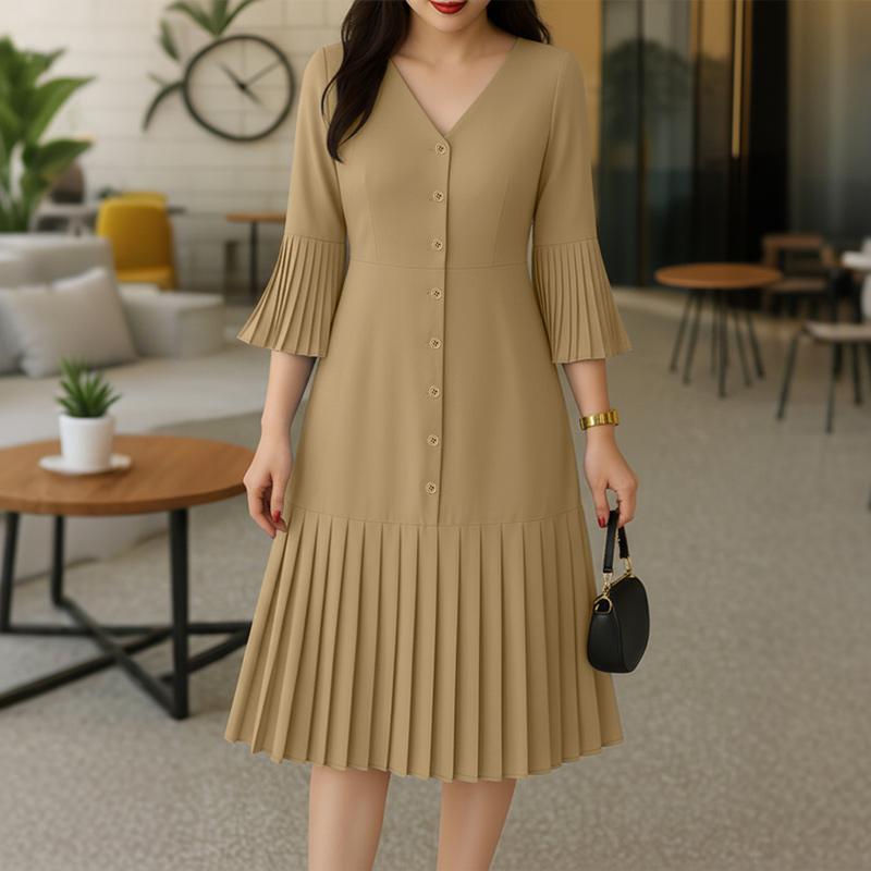 ZANZEA Women Casual V-Neck Solid Color 3/4 Sleeve Pleated Dress