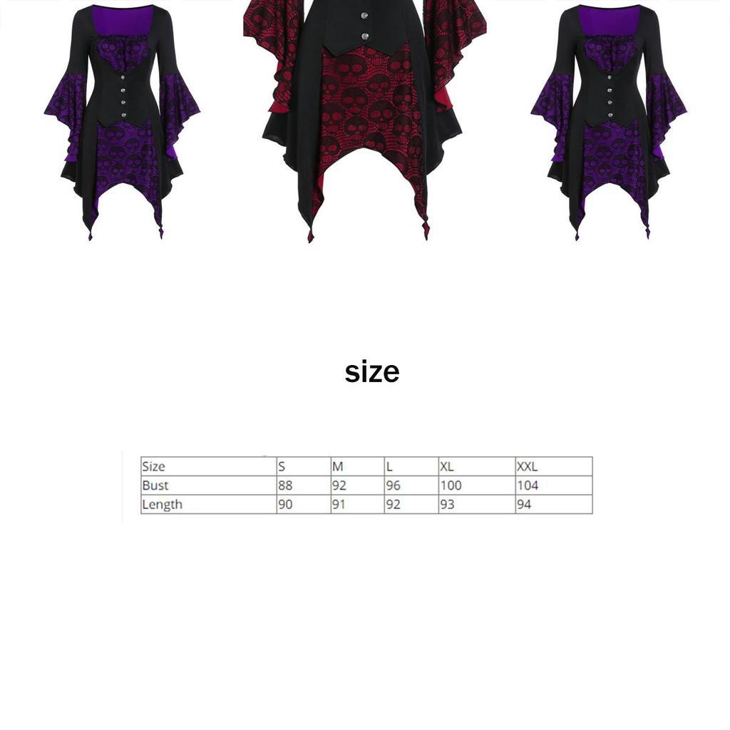 Damen Vintage Schädelkopf Mittelalterlich Gotisch Hexe Cosplay Kostüm Kleid für Halloween Party