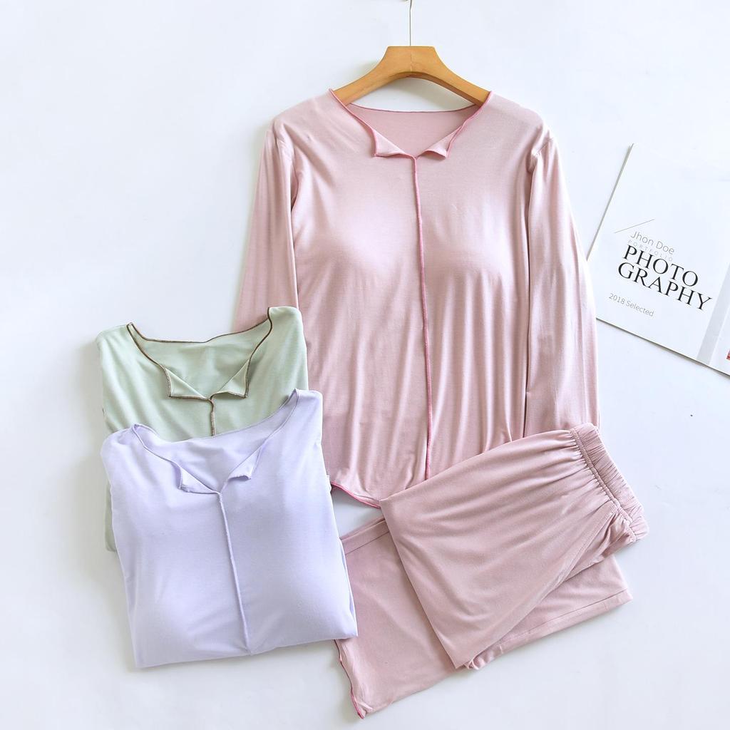 Women's Spring/Autumn Modal Pajama Set: Padded Cup, Long Sleeve, Long Pants, Side Pocket, Loose Fit - Wear Indoors or Out.