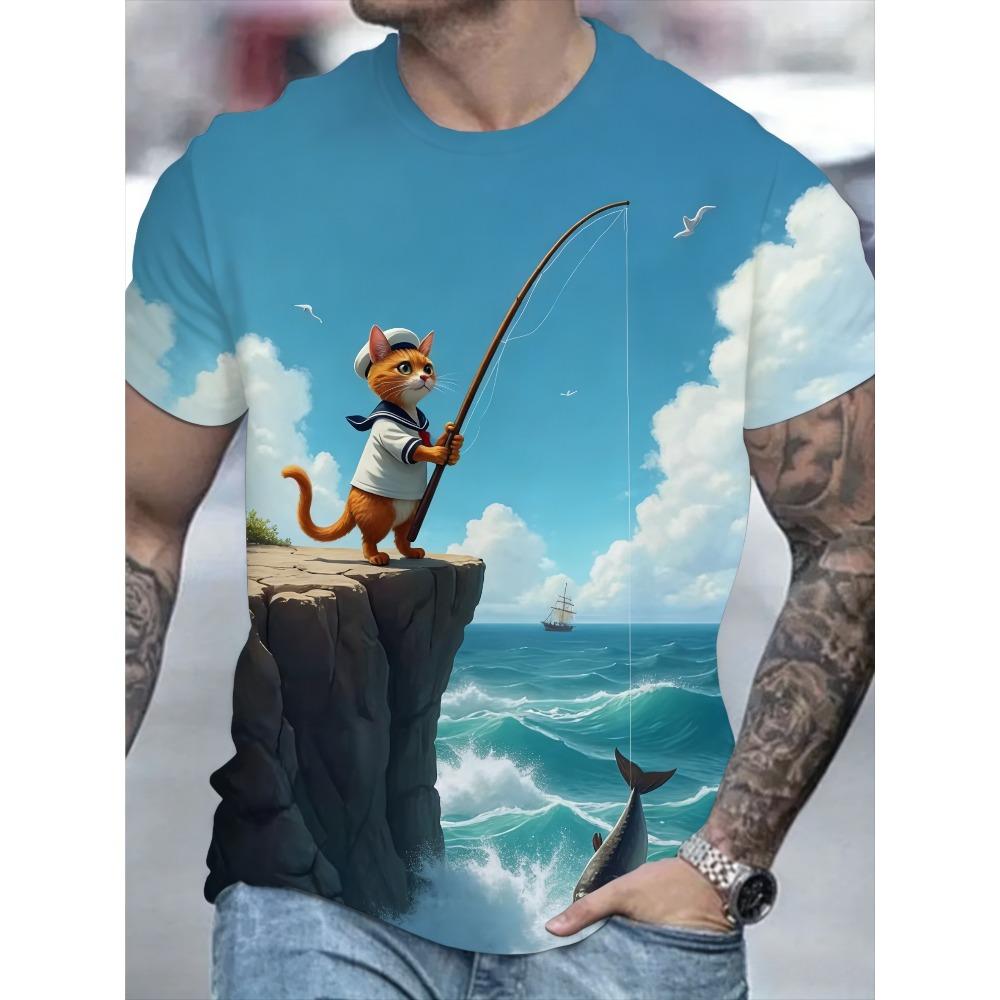 Fashionable Fun Cat Animal Printed T-Shirt Summer Men s Casual Comfortable Short Sleeve Loose Large T-shirt S