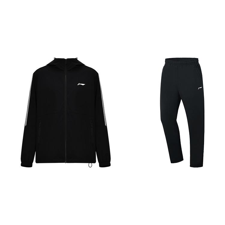Li Ning Minimalist Breathable Comfortable Hooded Zip Long Sleeve Jacket Casual Sports Suit Unisex Suit Black AFDUC61-1+AKLT243-1