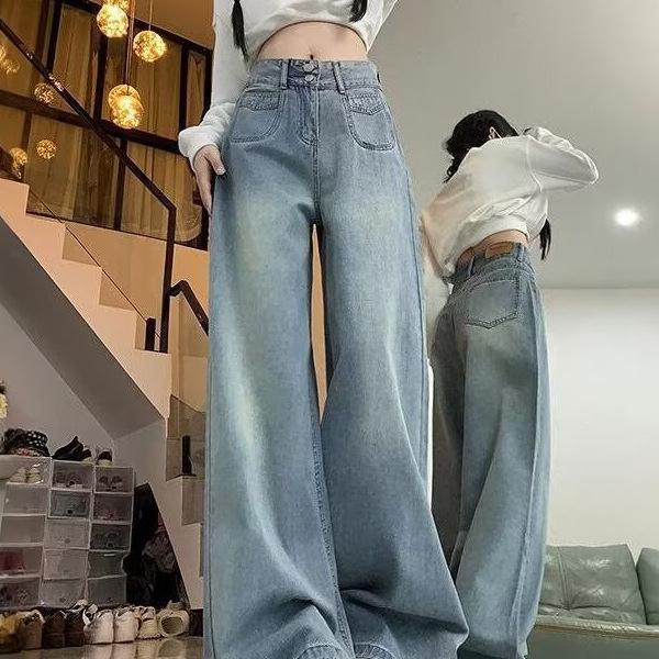 New light blue double-button wide-leg jeans women's loose straight high-waisted drape and thin floor pants