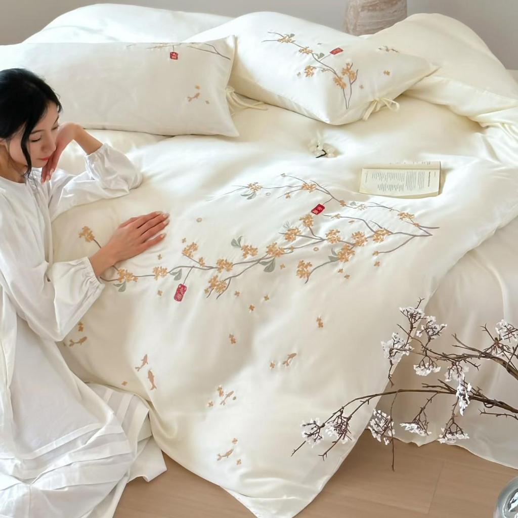 Summer Orchid Tencel Four-Piece Silk Smooth Bedding Set with Embroidered Duvet Cover