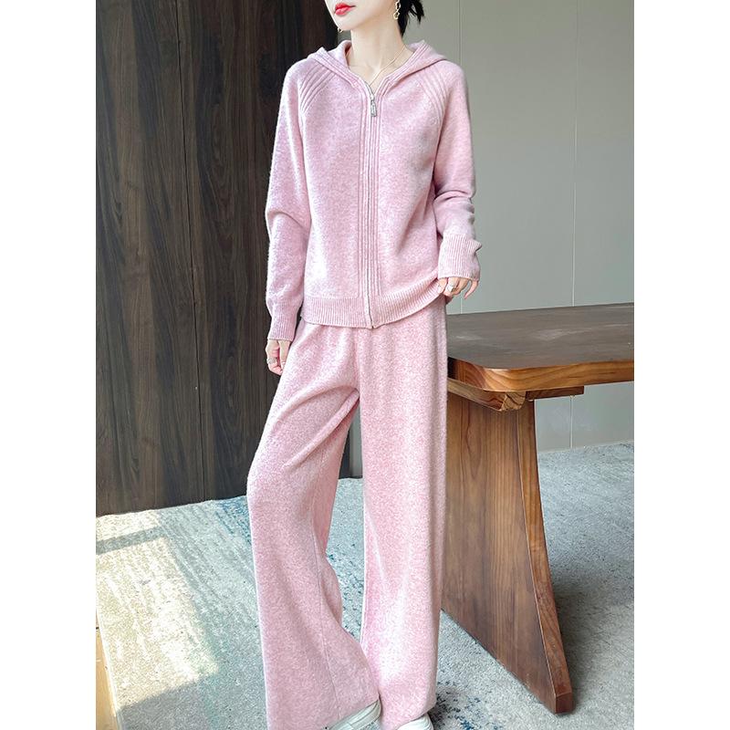 Luxury Women's Hooded Wool Set: Autumn/Winter Two-Piece with Zipper Cardigan & Wide-Leg Pants