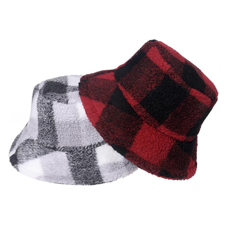 ins European and American foreign trade fashion plaid thermal hat versatile men and women lamb wool bucket hat autumn and winter basin hat plaid