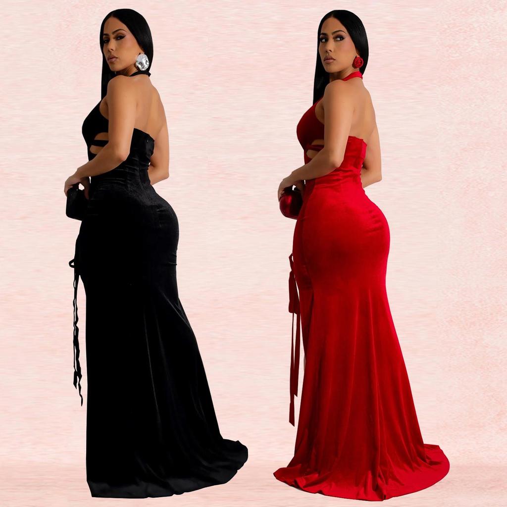 Women's Halter Backless Sexy Slit Long Dress - European and American Fashion