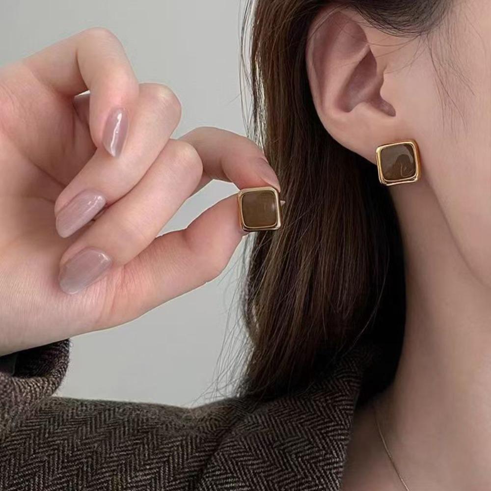 Retro Simple Geometry Square Circle Maillard Drop Glaze Coffee-colored Stud Earrings for Women Fashion Temperament Jewelry Gifts