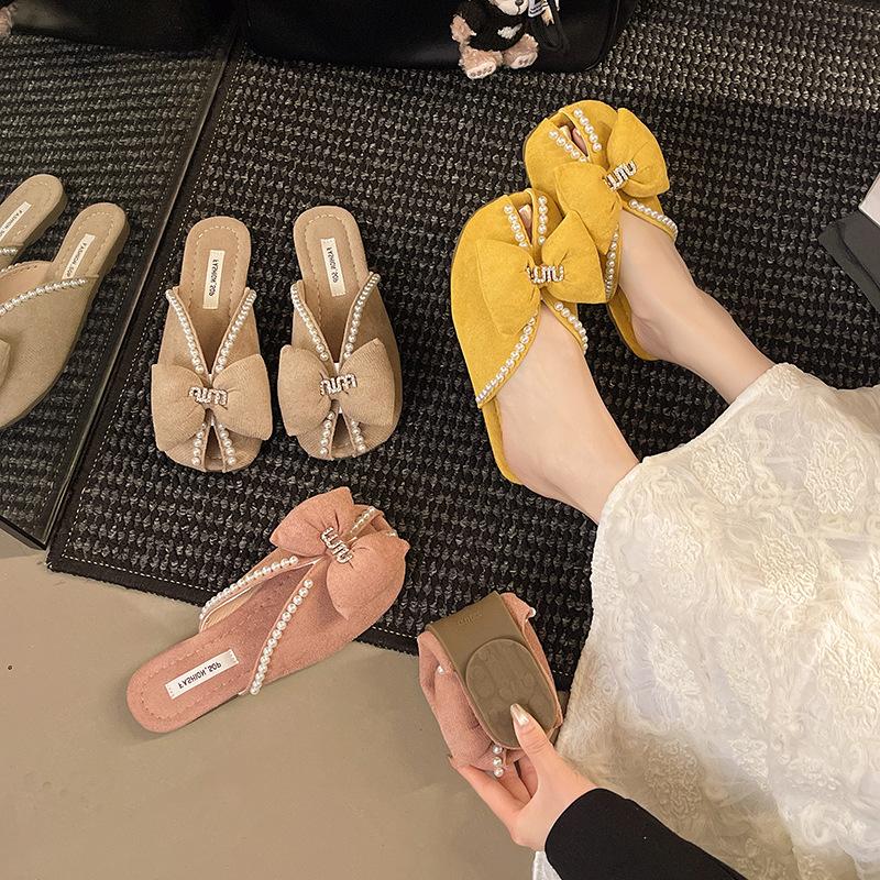 Baotou half slippers women's summer wear new versatile flat bottom pregnant women French pearl bow fish mouth sandals
