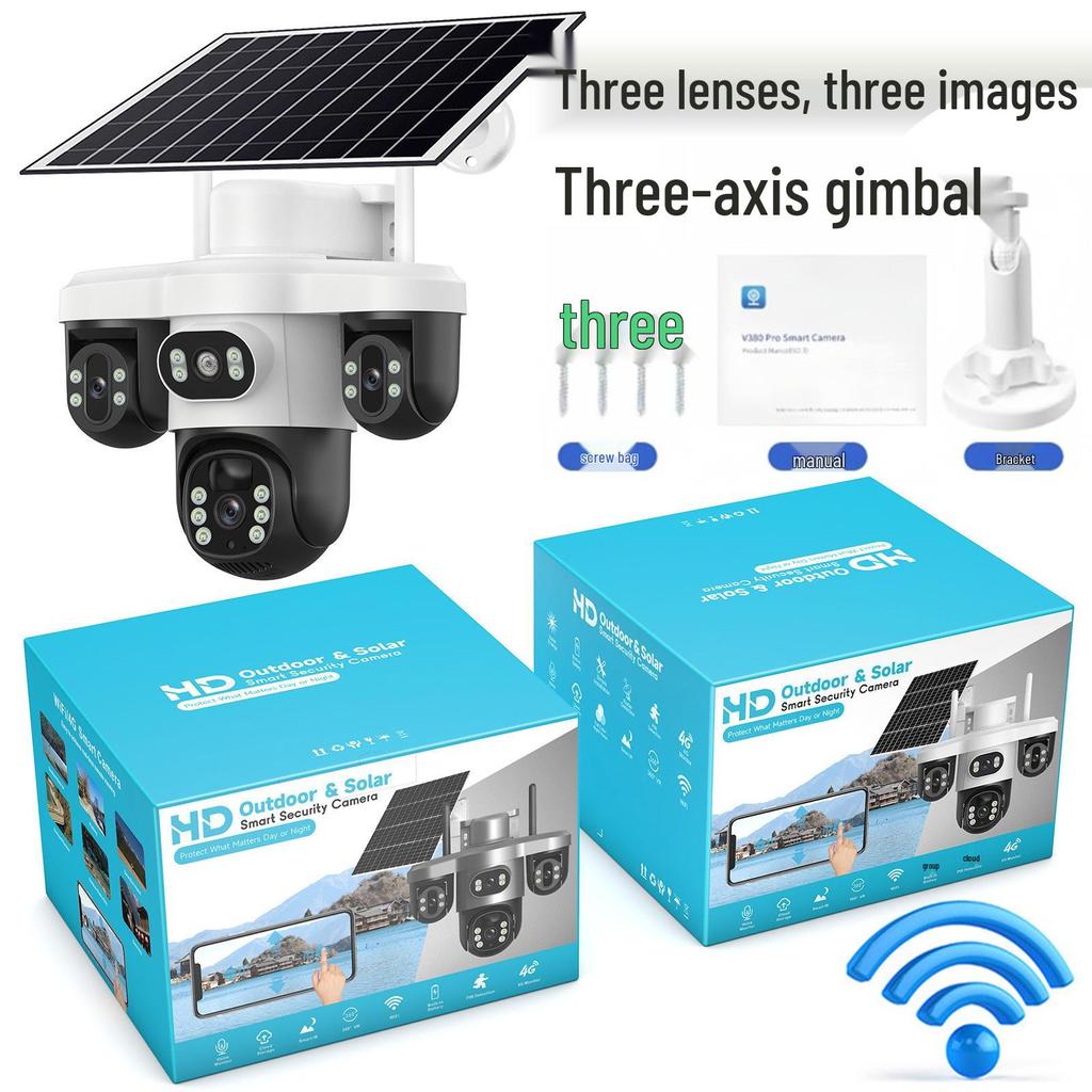 V380 4G Solar Camera with Three-Lens, Three-Axis Gimbal for Home Monitoring - Wireless, Low Power Battery.