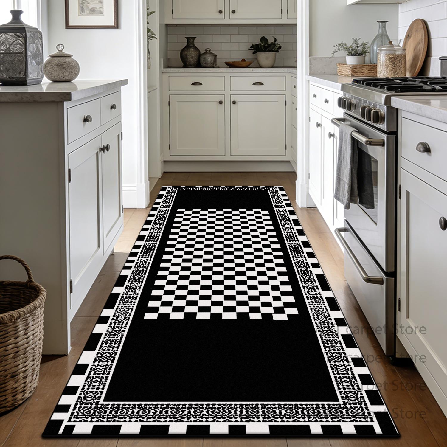 Black White Geometric Long Kitchen Carpet