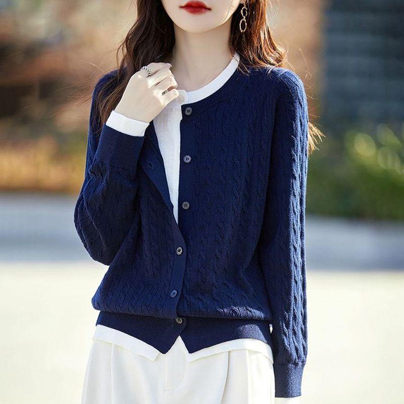 Crew Neck Color Matching Fake Two-piece Cardigan Women's Autumn and Winter New Loose Twist Women's Sweater Jacket Knitted Top