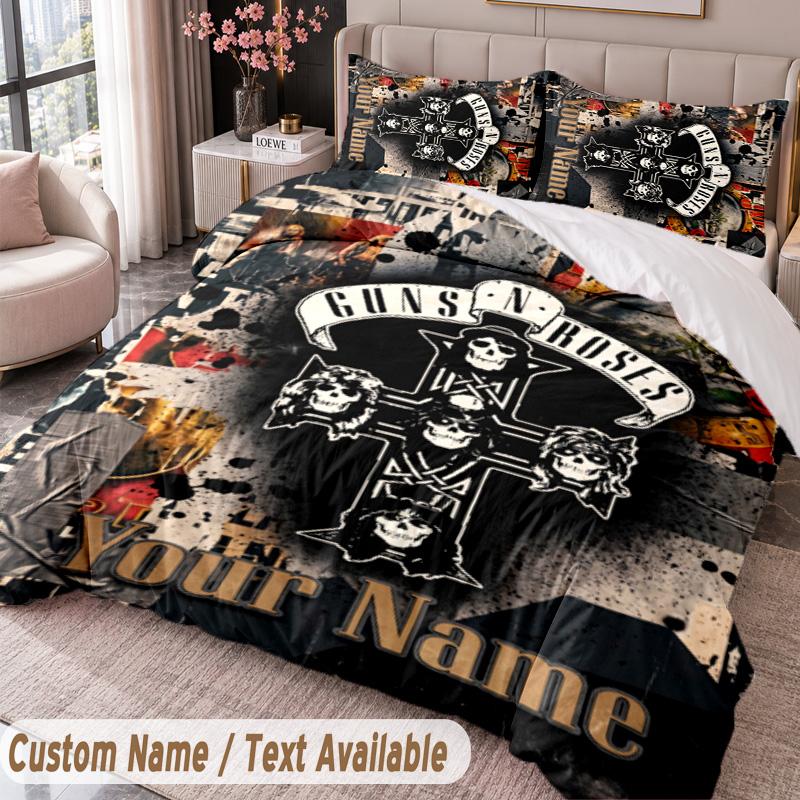 Guns N’ Roses Printed Bedding Set Custom Name Text 1 Duvet Cover 2 Pillowcases For Bedroom