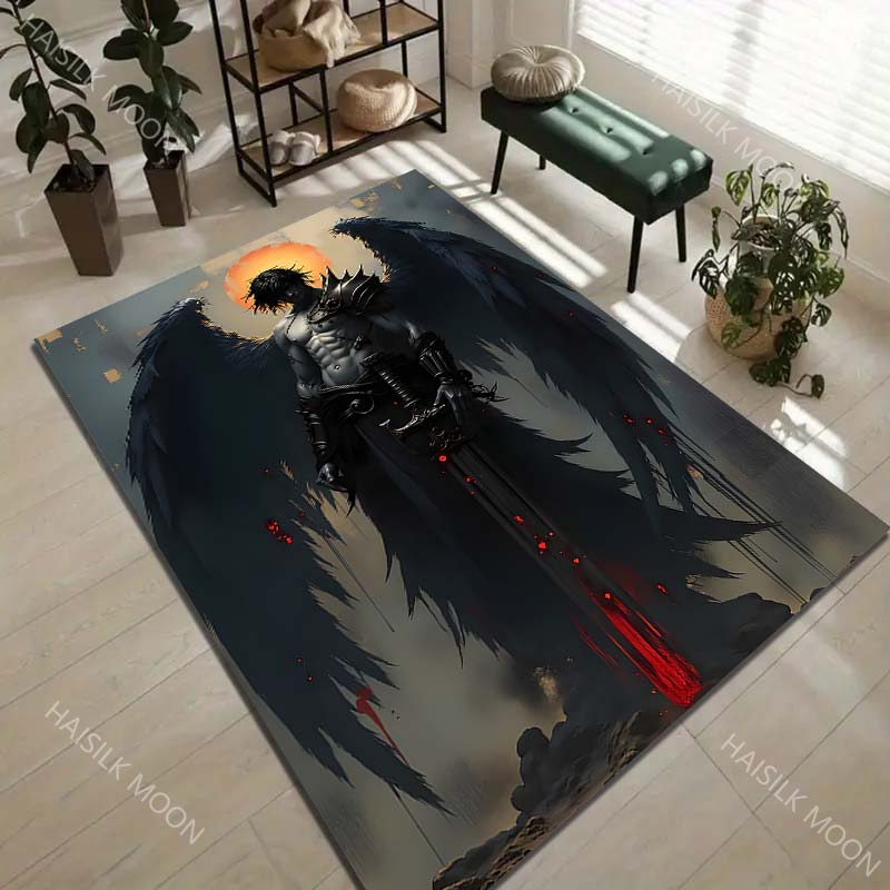Dark-winged warrior holding sword Print Carpet Rug for Living Room Bedroom Sofa Doormat Home Decor Non-slip Floor Mat