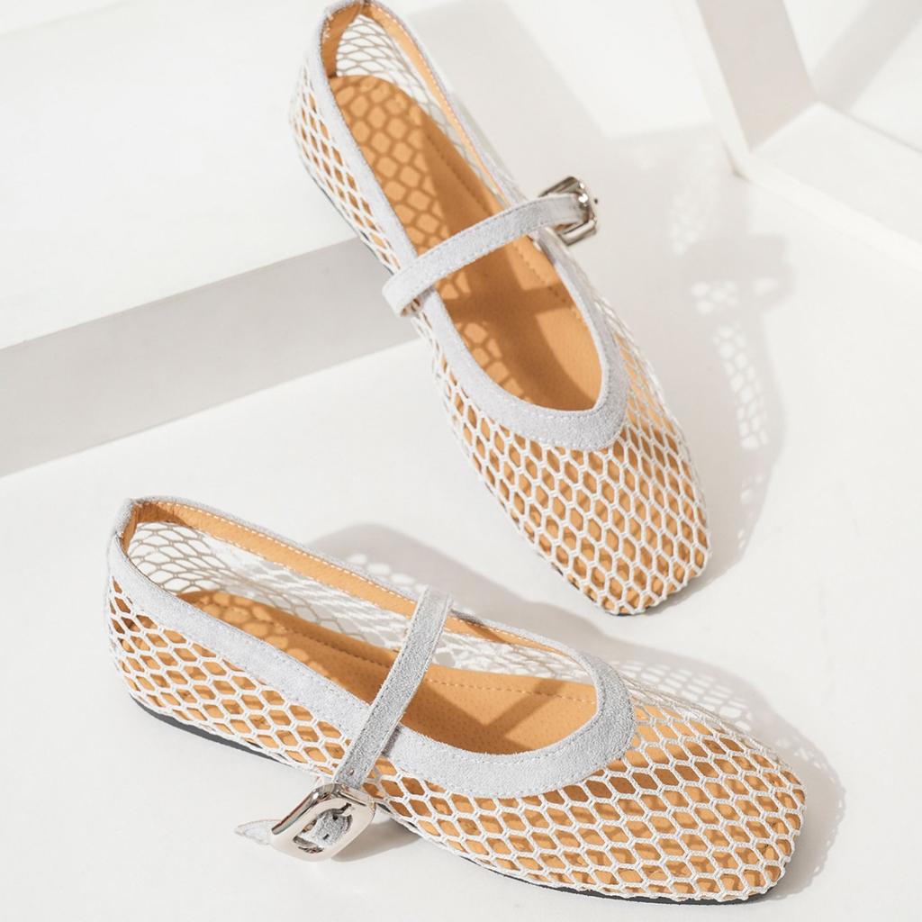 Round head fishing net grid hollow Mary Jane single shoes women go out in the summer of 2025 new sandals breathable sandals