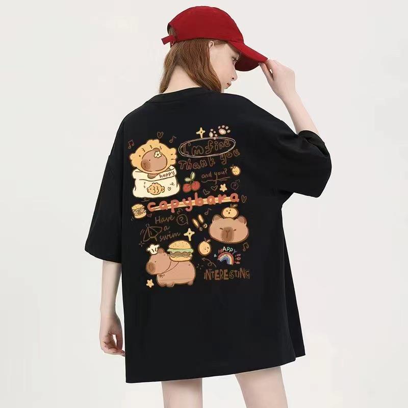 

Хлопковая футболка свободного кроя большого размера с мультяшным принтом для женщин - в японском и корейском стиле с воротником-стойкой с запахом сзади S чёрный