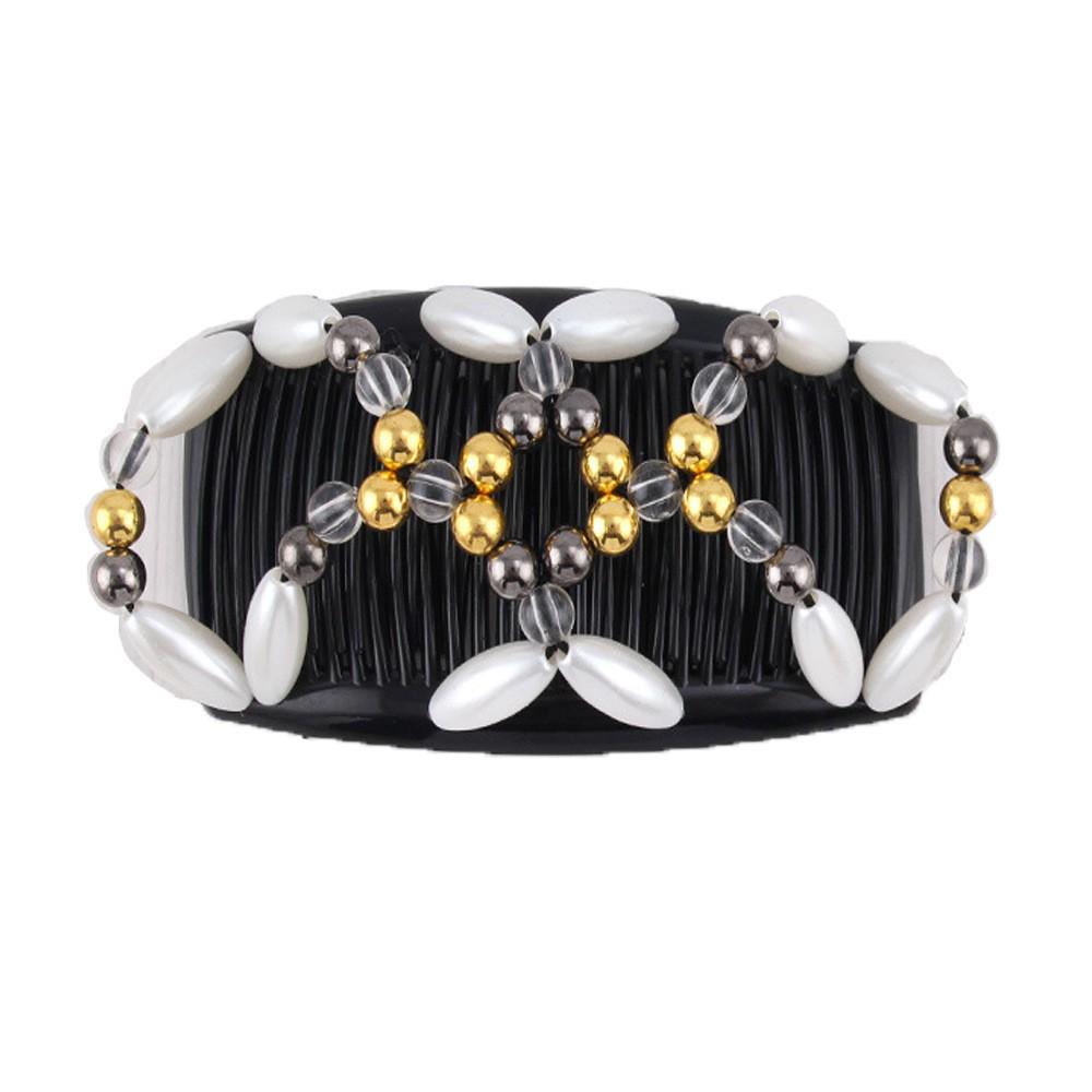 Large Handmade Beaded Elastic Magic Hair Comb with Flower Headpiece - Versatile Double Row Insert for Styling and Bun Making