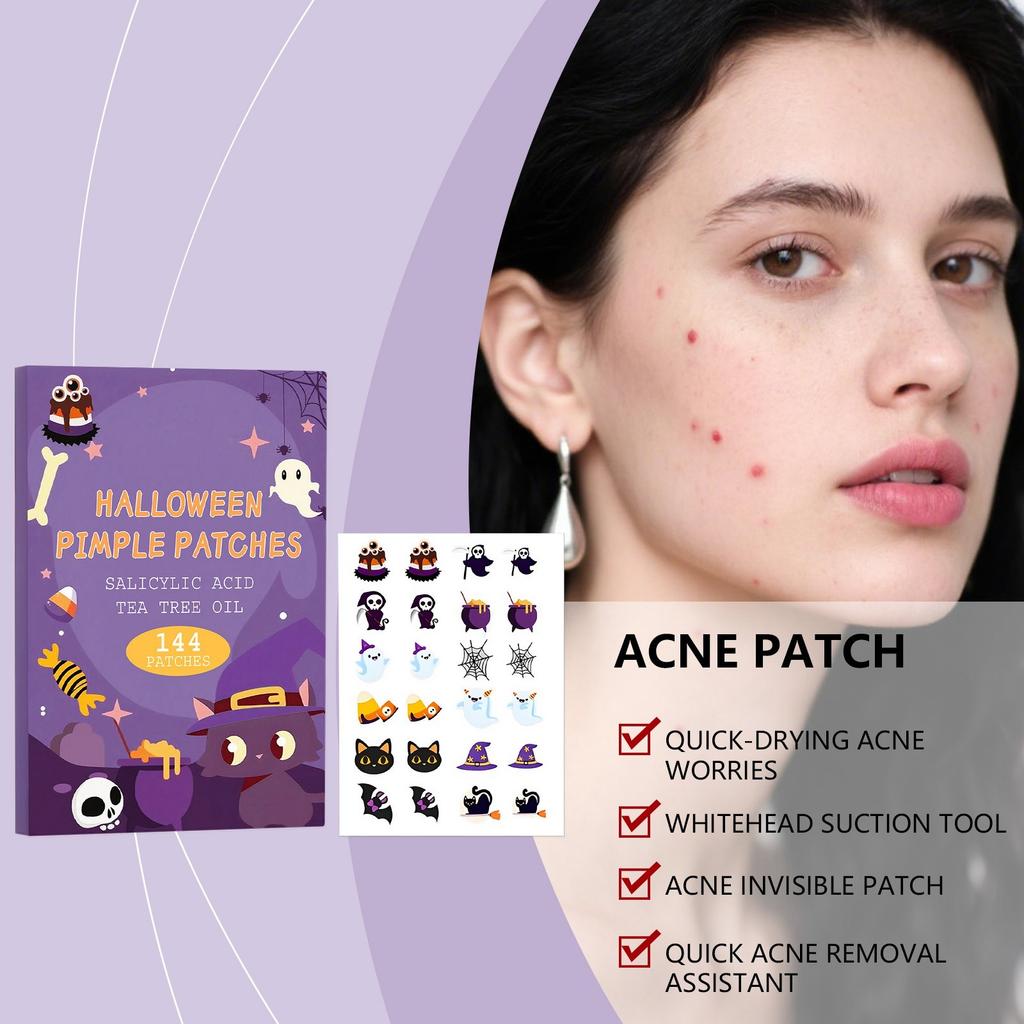 144 Stück Halloween Akne-Patches Hydrokolloid Akne-Patches, Entzündungshemmend, Rötungslindernd und Beruhigende Pflege-Patches