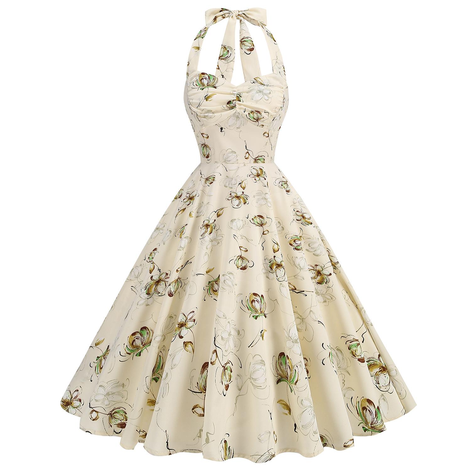 

Rose-print, backless, high-waisted, halter-neck, flared, elegant dress for women S